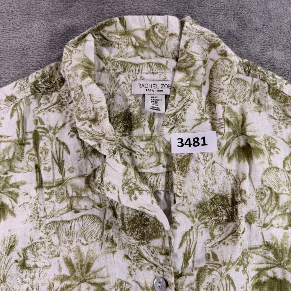 Rachel Zoe Vest Women XL Green White 100% Linen Safari Toile Animal Print Button